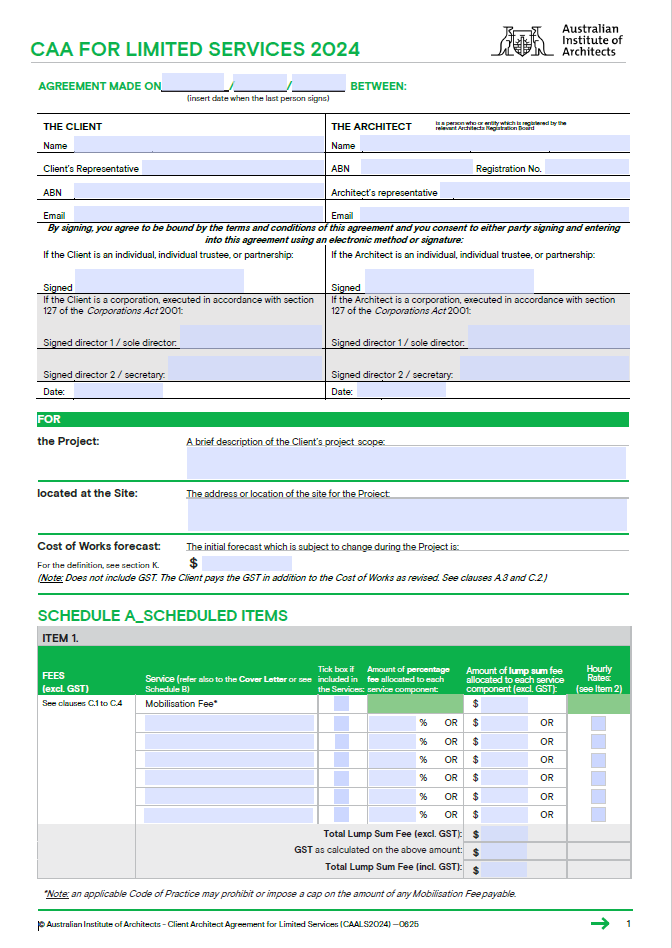 CAA FOR LIMITED SERVICES 2024 - Client Architect Agreement for Limited Services (reference) 